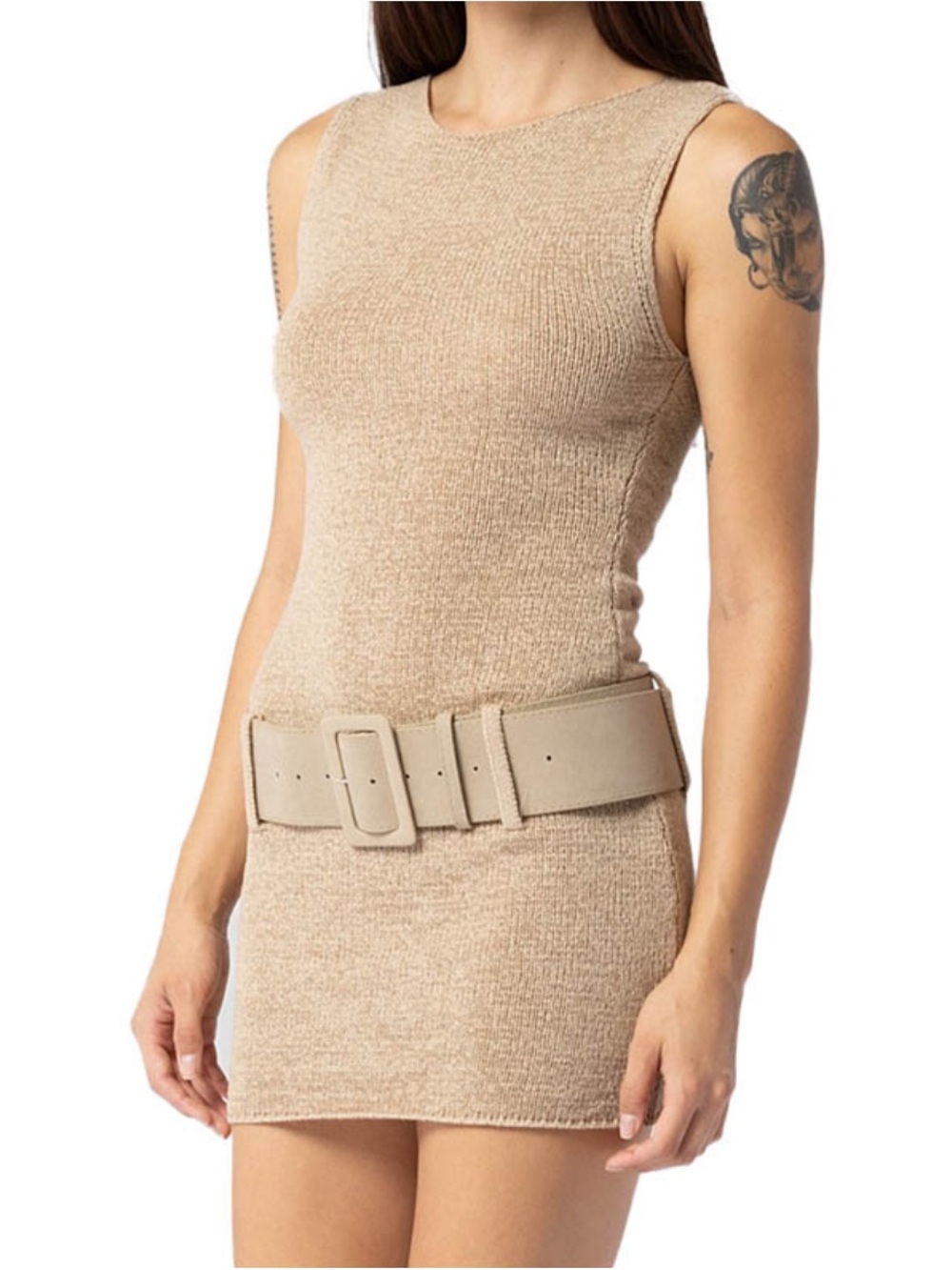 Wide Neutral Tan Waist Belt with Square Buckle